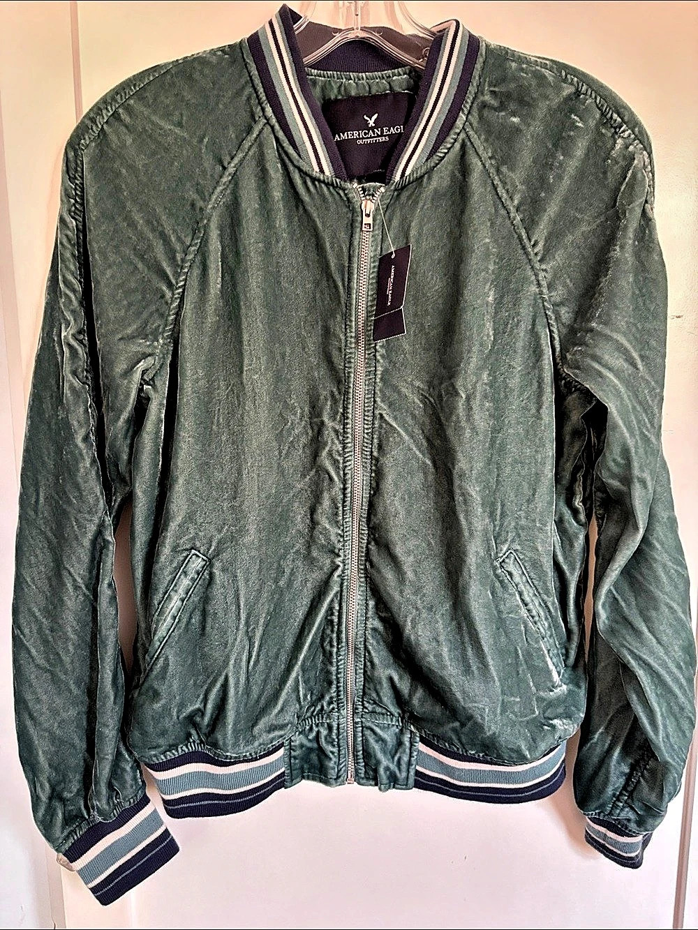 American Eagle Outfitters Striped trim Bomber Jacket in Teal velvet Size Small